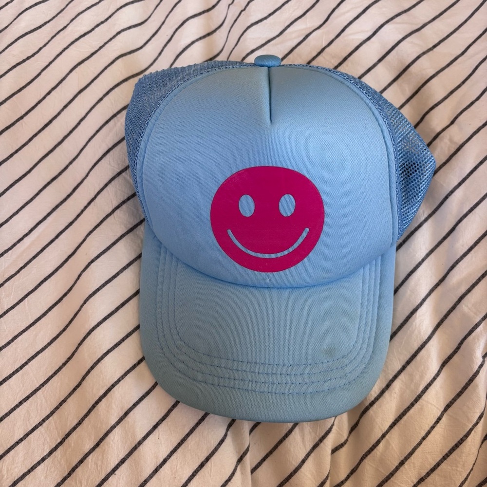 Blue Trucker Hat with Pink Smiley Face